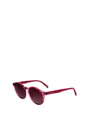 Occhiali da sole tondi con montatura rosa traslucida e lenti scure, con logo Skechers sulle aste.