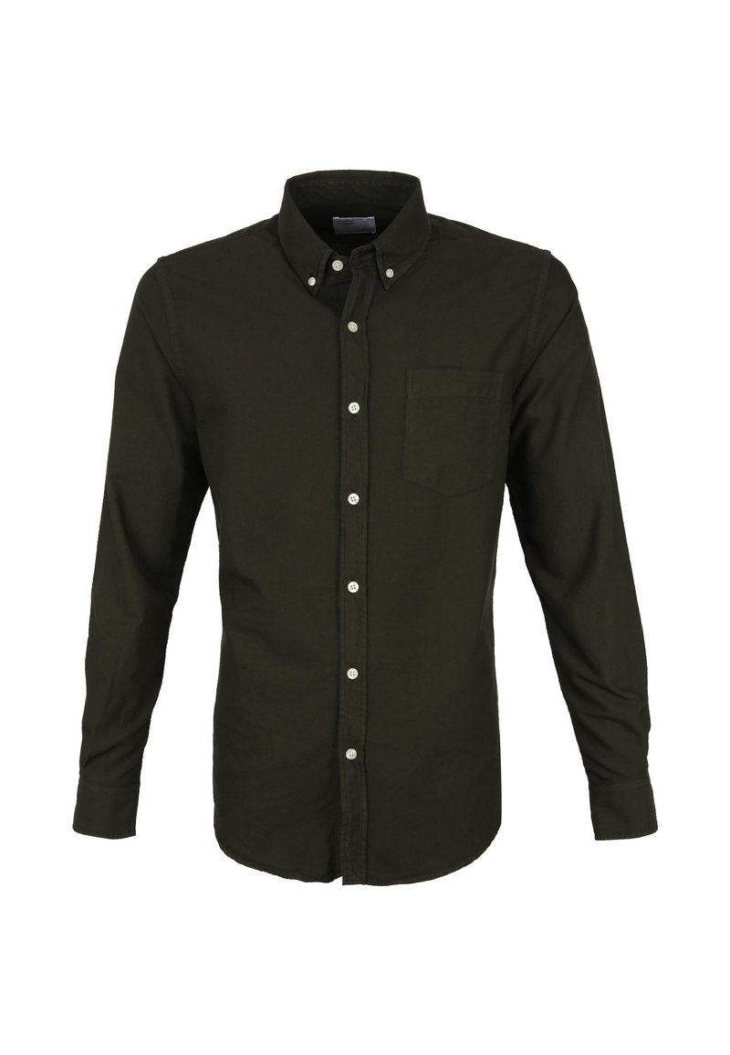 Donkergroene overshirt met lange mouwen, knoopsluiting, gemaakt van katoen, met een kraag, een enkele borstzak en witte knopen langs de voorste sluiting.