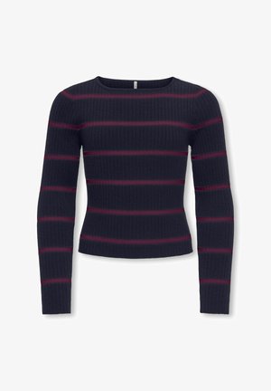 Pull en côte bleu marine avec des manches longues et des rayures horizontales bordeaux sur le corps et les bras, encolure ronde, style ajusté.
