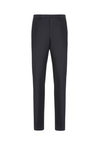 Pantaloni formali slim-fit neri da uomo con chiusura a bottoni e passanti per cintura, presentati su uno sfondo bianco.