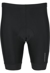 Schwarze Radsportshorts aus dehnbarem Material, mit einem gepolsterten Bereich für Komfort. Enthält ein Logo mit "ENDURANCE" an der Seite.