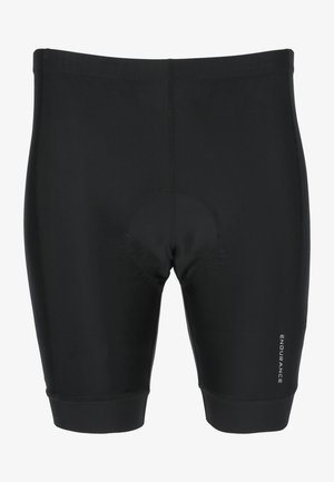 Sorte cykelshorts lavet af strækbart stof, med et polstret område for komfort. Indeholder et logo med "ENDURANCE" på siden.