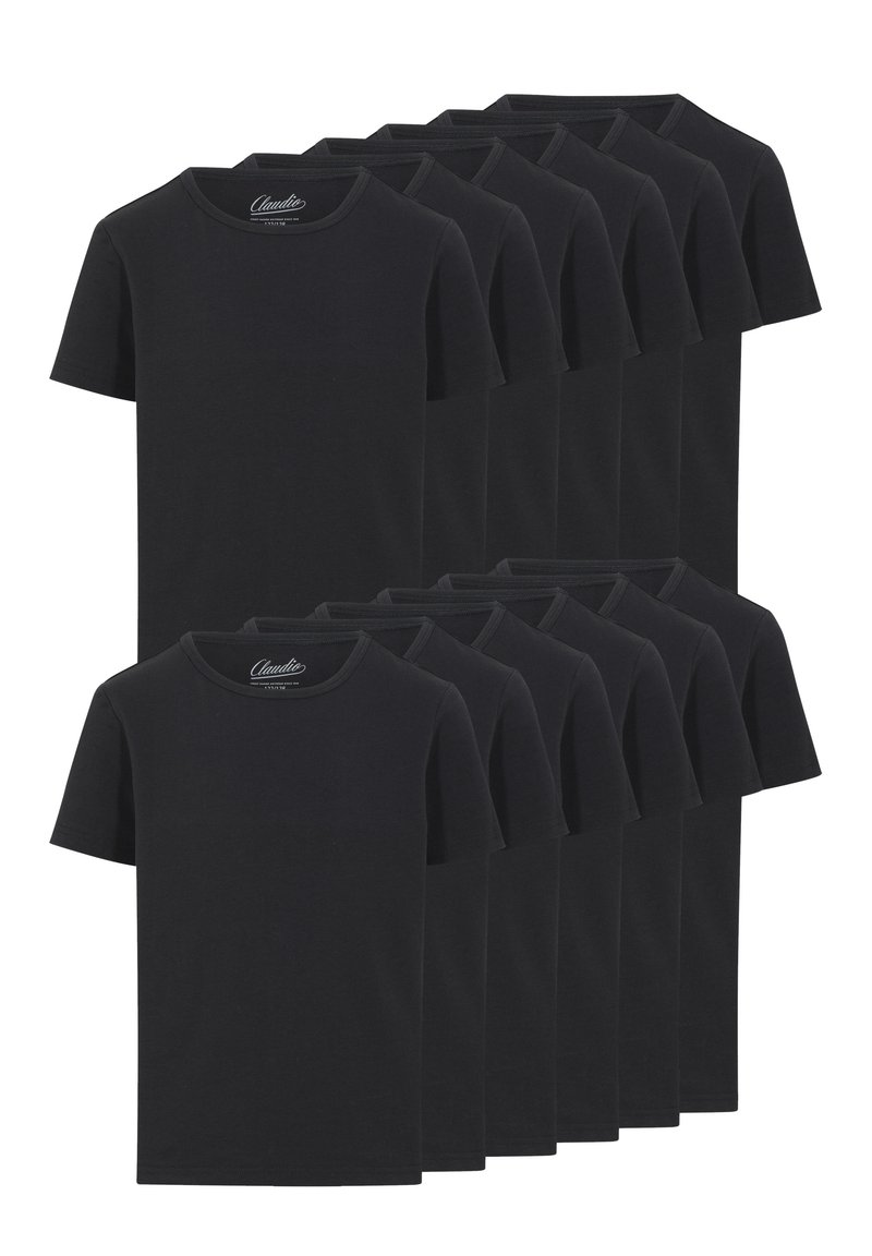 Sorte bomulds T-shirts stablet i et gittermønster. Hver har rund hals og korte ærmer, uden synlige mønstre eller logoer.