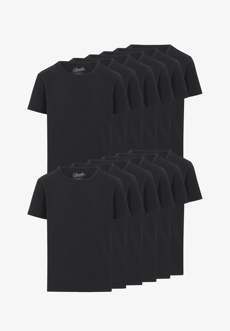 Sorte bomulds T-shirts stablet i et gittermønster. Hver har rund hals og korte ærmer, uden synlige mønstre eller logoer.