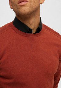 Rustfärgad tröja med rund halsringning, med en finstickad textur. Lager på en svart skjorta med krage. Subtil sömsdetalj.