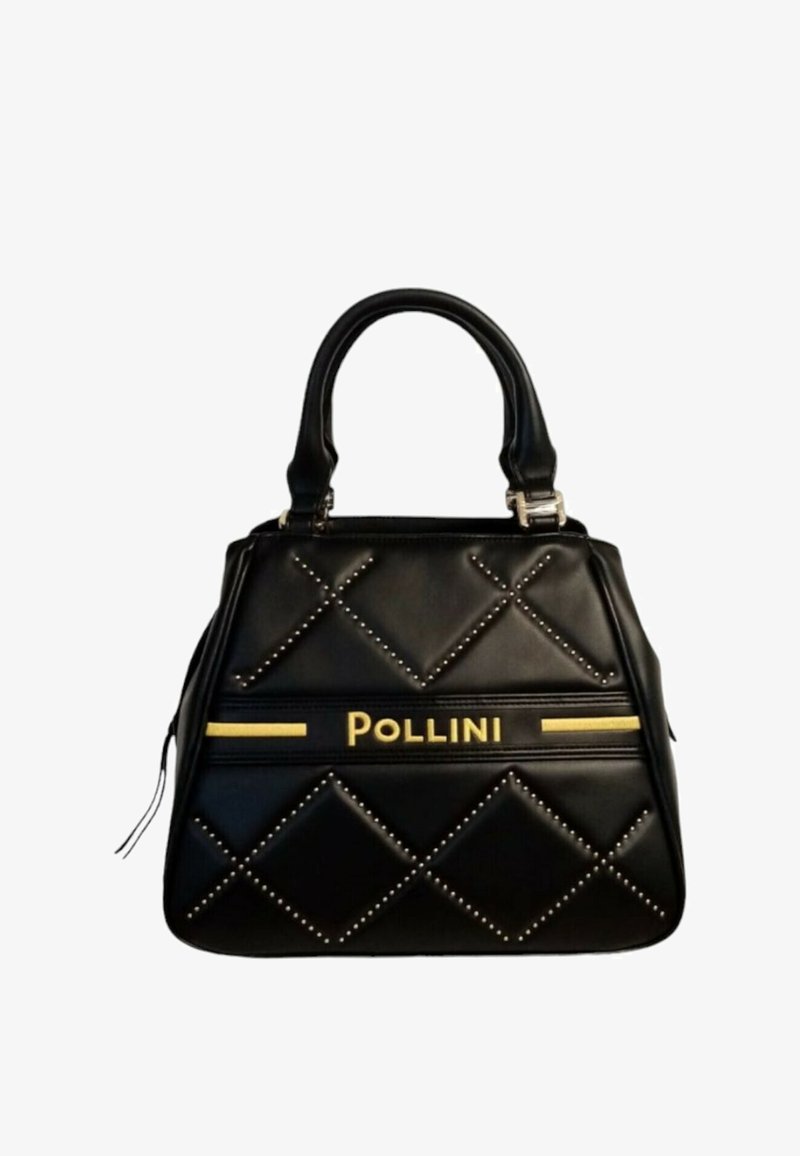 Borsa a tracolla in pelle nera con texture trapuntata, dettagli in metallo dorato e borchie. Presenta il logo "Pollini" in oro su una striscia nera.