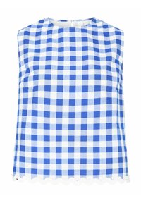 Blå og hvit rutete ermeløs topp med rund hals, med bølget kant og glidelås bak. Laget av lett stoff.