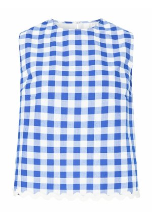 Blå og hvit rutete ermeløs topp med rund hals, med bølget kant og glidelås bak. Laget av lett stoff.