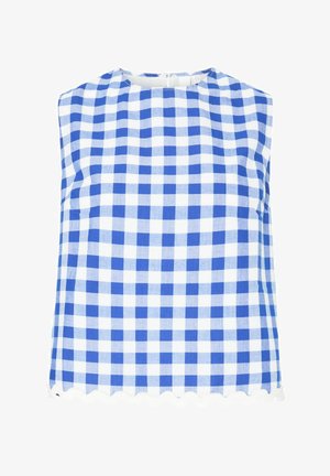 Plavi i bijeli karirani top bez rukava s okruglim izrezom, s rubom u obliku valova i stražnjim patentnim zatvaračem. Izrađen od lagane tkanine.