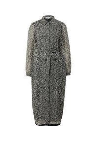 Schwarz-weißes Kleid mit Blumenmuster, einem kragenlosen Ausschnitt, langen durchsichtigen Ärmeln, einem taillierten Gürtel und einer Midi-Länge.