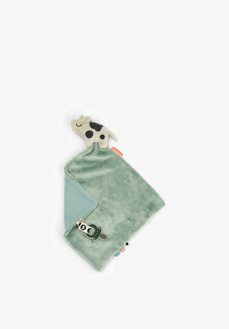 Couverture pour bébé de couleur verte douce avec une tête de vache en peluche attachée et une tétine verte clipée au coin avec une sangle à motifs.