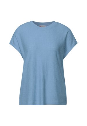 Helles blaues T-Shirt mit kurzen Ärmeln und entspannter Passform, aus strukturiertem Stoff mit Rundhalsausschnitt. Keine sichtbaren Muster oder Beschläge.