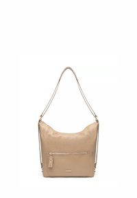 Borsa a tracolla in pelle beige con una forma morbida e tondeggiante, dotata di una tasca frontale con zip e di una lunga tracolla. Texture liscia su tutta la superficie.