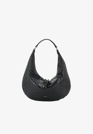 Black leather hobo bag with textured crocodile pattern, featuring a curved shape, zip closure, and silver hardware accents on the strap.