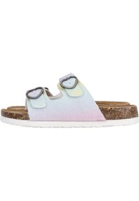 Liukastettavat sandalit, joissa on gradientti iridescentti yläosa, kaksi säädettävää hihnaa, joissa on sydämen muotoiset soljet, korkkijalkainen ja valkoinen kumipohja.