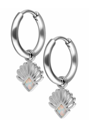 Silver hoop earrings featuring a shell design with an iridescent opal-like gemstone in a diamond shape below. Smooth, polished finish.