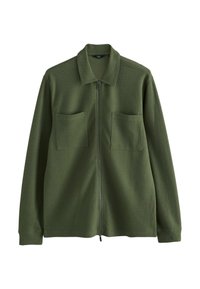 Green zip-up jacket featuring a collar, two chest pockets, and a textured fabric finish. Long sleeves with ribbed cuffs.