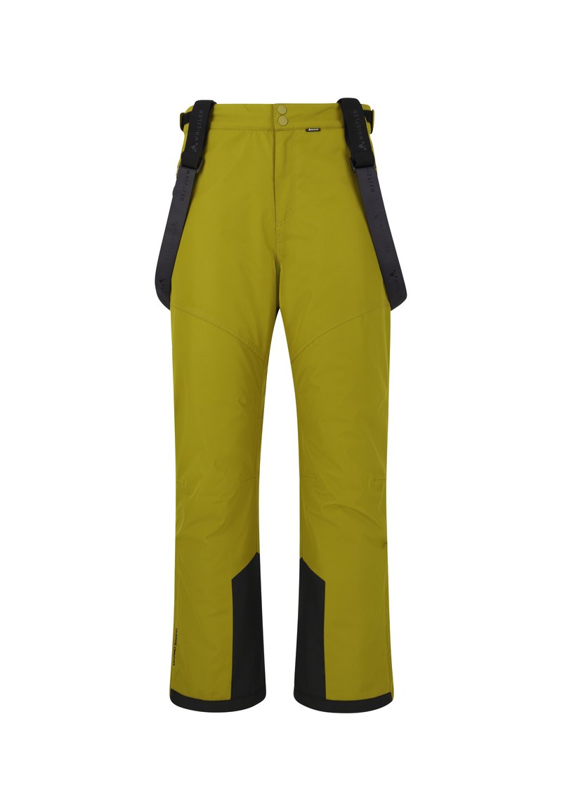 Waterdichte skibroek in een levendig limegroen met zwarte accenten, verstelbare bretels en een relaxte pasvorm voor comfort en bewegingsvrijheid.