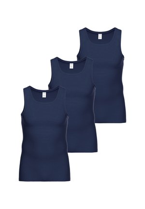 Three dark blue sleeveless ribbed undershirts arranged side by side on a white background.