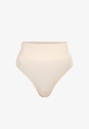 Beige korkeavyötäröiset alushousut, jotka on valmistettu sileästä, kevyestä kankaasta. Saumaton muotoilu ja hienovarainen kiilto. Varustettu pehmeällä, joustavalla vyötärönauhalla.