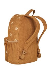 Brown corduroy backpack with floral embroidery, two side pockets, and padded shoulder straps. Zipper closure with a textured surface.