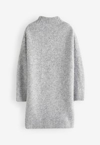 Grau gestrickter Pullover mit hohem Kragen, langen Ärmeln und geripptem Saum. Weiche Textur, mittleres Gewicht mit klassischem, minimalistischen Design.