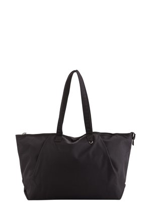 Schwarze Nylon-Tote-Tasche mit zwei langen Tragegriffen; Reißverschluss oben; glatte Textur und eine geräumige rechteckige Form.
