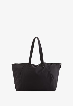 Schwarze Nylon-Tote-Tasche mit zwei langen Tragegriffen; Reißverschluss oben; glatte Textur und eine geräumige rechteckige Form.