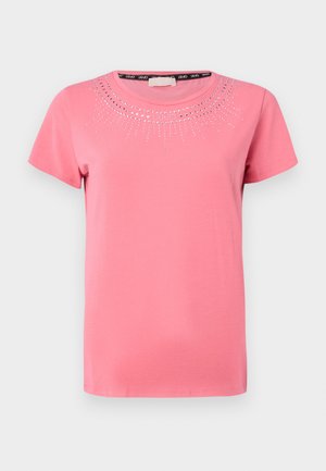 T-shirt rosa a maniche corte in morbido cotone con scollo rotondo, caratterizzata da adornamenti in cristallo disposti in un motivo a raggiera.