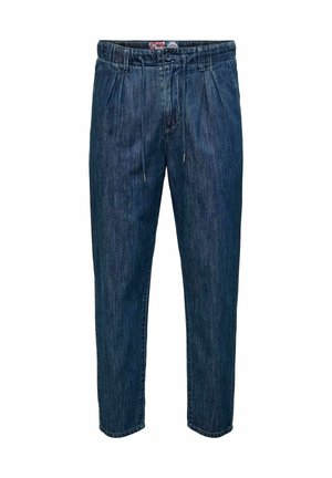 Pantaloni din denim cu o croială lejeră, culoare albastru închis, talie elastică cu șnur, și picioare ușor conice. Au două pliaje frontale.