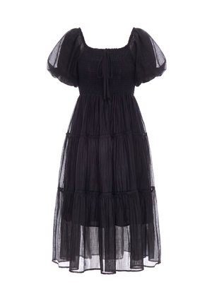 Schwarzes Midikleid mit Puffärmeln, gerafftem Oberteil, quadratischem Ausschnitt, gestuftem transparentem Rock und kleinem Schleifchen an der Brust.