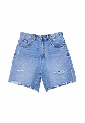 Lichtblauwe denim shorts met een hoge taille, verwerkte details en een onafgewerkte zoom. Twee voorzakken en eenvoudige metalen knoopsluiting.