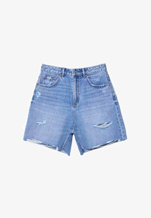 Shorts en denim bleu clair, dotés d'une taille haute, de détails effilochés et d'un ourlet brut. Deux poches avant et fermeture à bouton en métal simple.