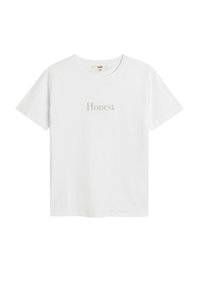 Hvid bomulds t-shirt med kortærmer og rund hals, med "Honest" trykt i subtil sølvtekst på forsiden.