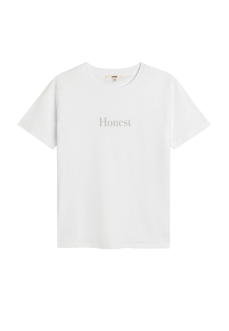 Hvid bomulds t-shirt med kortærmer og rund hals, med "Honest" trykt i subtil sølvtekst på forsiden.