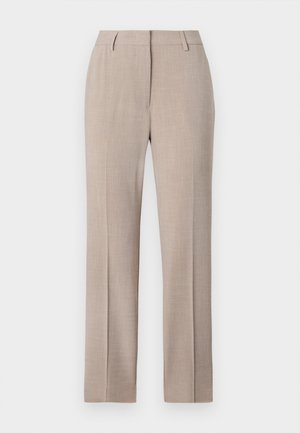 Beige skreddersydde bukser med rett snitt, laget av teksturert stoff. Har flat front og sidelommer. Ingen synlige dekorasjoner.