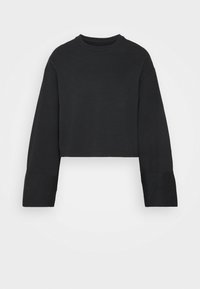 Sudadera negra corta con mangas largas, cuello redondo, fabricada en un material suave, con un diseño simple y limpio sin patrones ni acentos.