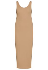 Nacktes, figurbetontes Trägertop-Kleid aus dehnbarem Stoff. Es verfügt über einen Rundhalsausschnitt und eine Länge bis zur Mitte der Wade, mit minimalen Nähten und ohne Verzierungen.