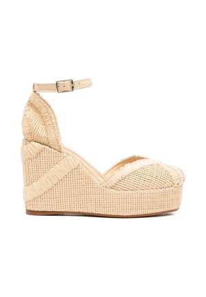 Espadrilla beige intrecciata con zeppa, cinturino alla caviglia e fibbia, con dettagli testurizzati e suola platform.