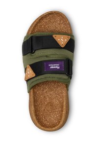 Green slide sandal with cork footbed, black adjustable straps, and brown leather accents featuring a triangular design and brand logo.