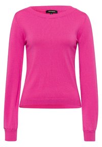 Suéter rosa ajustado hecho de una tela suave, con un escote redondo y mangas largas con puños y dobladillo acanalados.