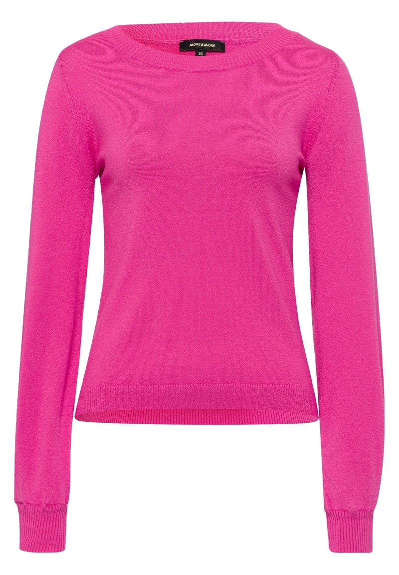 Suéter rosa ajustado hecho de una tela suave, con un escote redondo y mangas largas con puños y dobladillo acanalados.