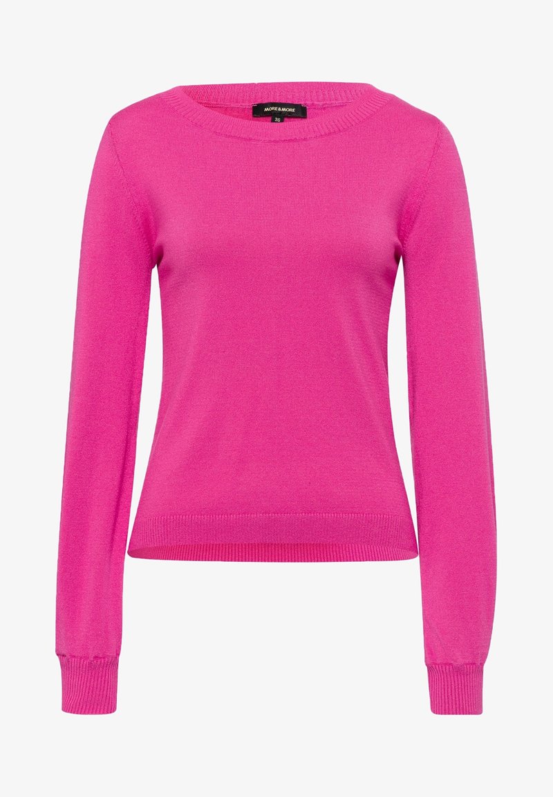 Suéter rosa ajustado hecho de una tela suave, con un escote redondo y mangas largas con puños y dobladillo acanalados.