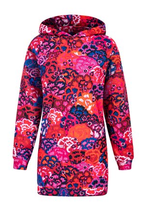 Sudadera con capucha colorida que presenta un estampado floral en tonos de rosa, rojo y azul. Tiene mangas largas y un corte relajado.