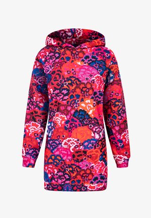 Barvna kapuca s cvetličnim vzorcem v odtenkih roza, rdeče in modre. Ima dolge rokave in sproščen kroj.