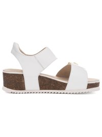 White wedge sandal with cork platform, adjustable ankle strap, and two wide leather straps over foot.