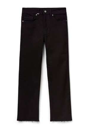Jeans in denim nero con gamba dritta, orlo grezzo, design a cinque tasche, chiusura con bottone in metallo e dettagli di cucitura sottili.