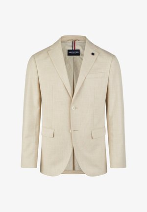 Beige taillierte Jacke mit strukturiertem Gewebe, Ein-Knopf-Verschluss, zwei Fronttaschen und einem gemusterten Futter. Etikett lautet "HECHTER PARIS."