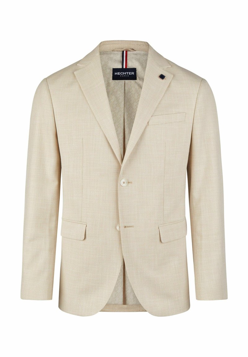 Beige taillierte Jacke mit strukturiertem Gewebe, Ein-Knopf-Verschluss, zwei Fronttaschen und einem gemusterten Futter. Etikett lautet "HECHTER PARIS."