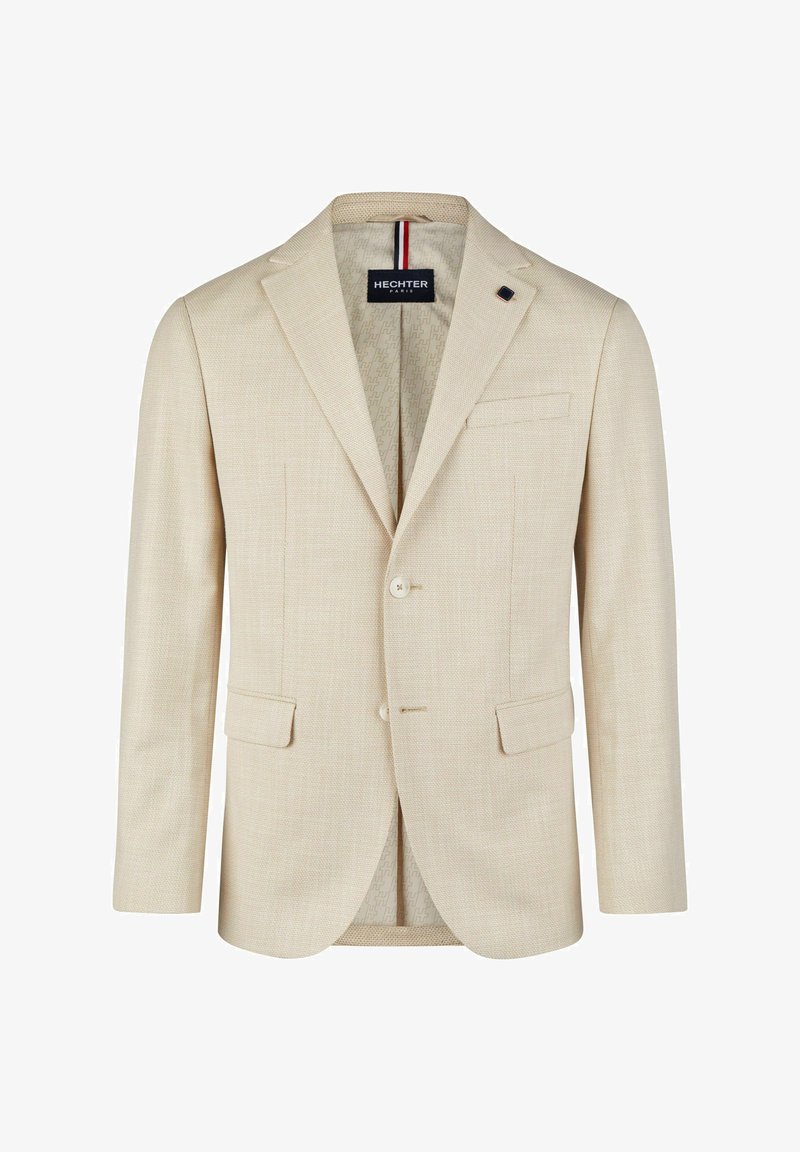 Beige taillierte Jacke mit strukturiertem Gewebe, Ein-Knopf-Verschluss, zwei Fronttaschen und einem gemusterten Futter. Etikett lautet "HECHTER PARIS."